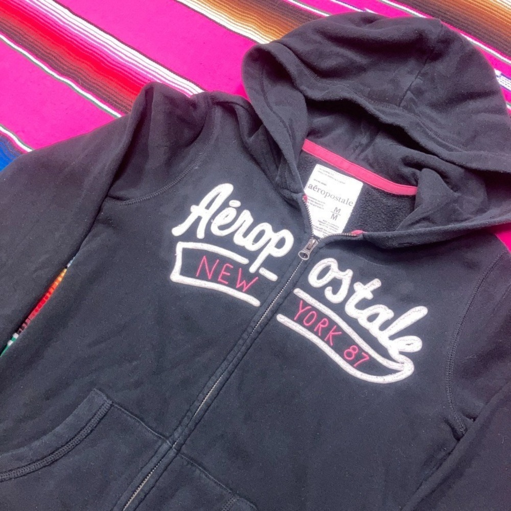 VTG Aeropostale NY Hoodie Women's M Black Full Zip Embroidered Spellout Logo Y2K